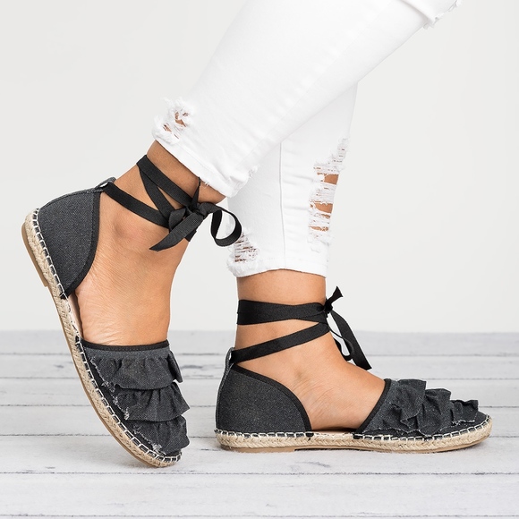 👠Black Ruffle Lace up Espadrille - Lala5 - Picture 2 of 2